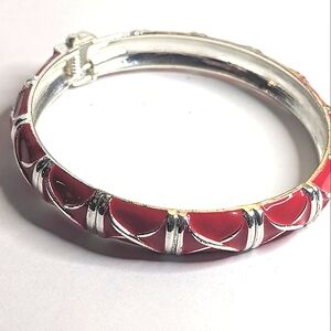 Red and Silver Enamel Hinged Bangle Bracelet - 8.25”‎